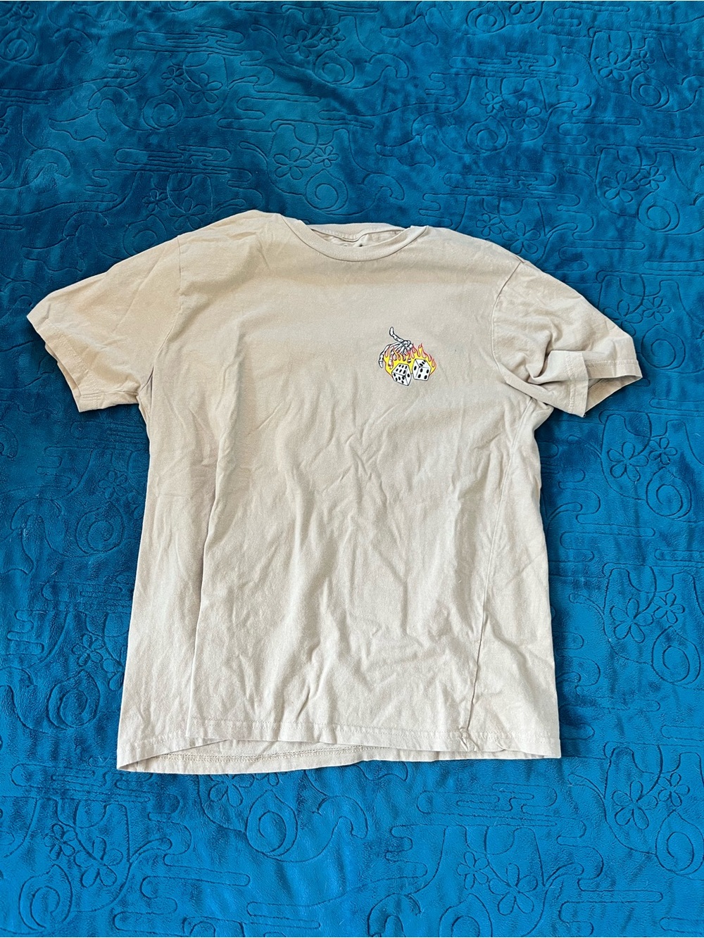 COS Beige Short-Sleeve Crewneck T-Shirt with Flaming Dice Chest Graphic